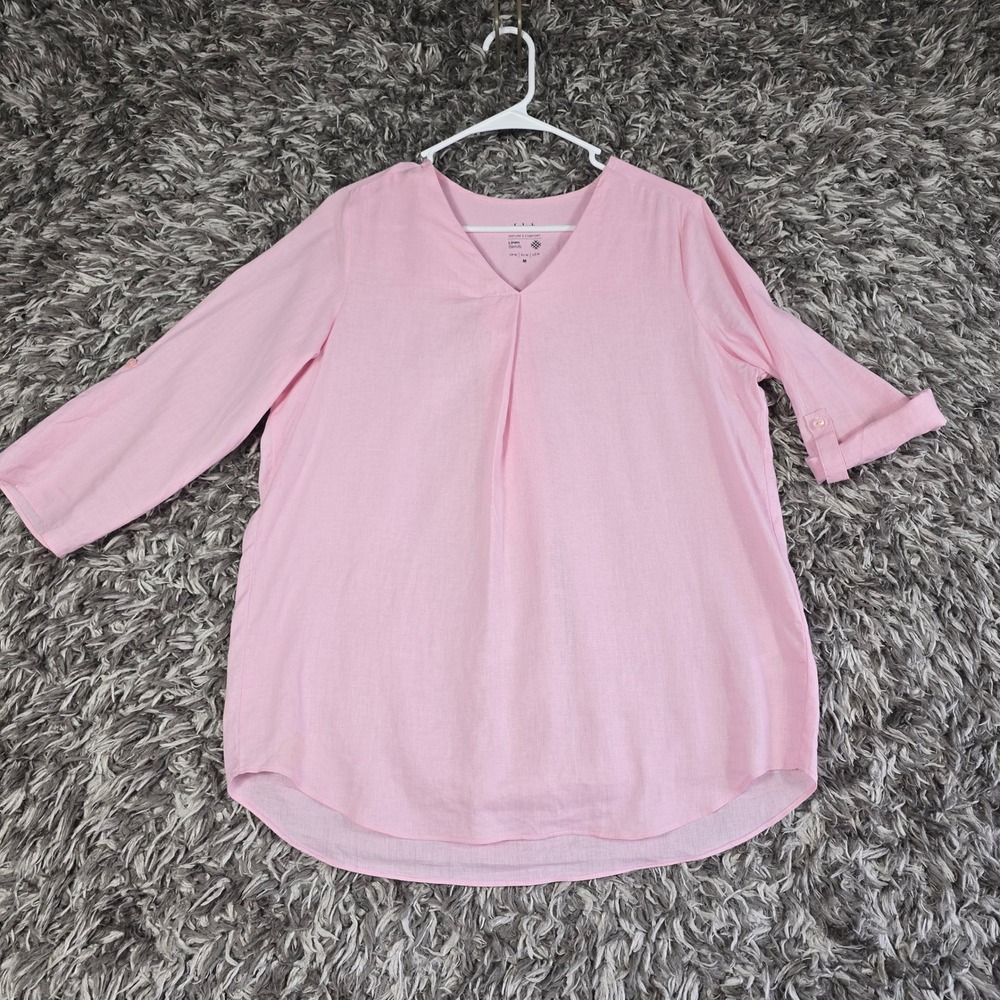 Splash Pink Linen Blend Roll Tab Sleeve V-Neck Tunic Blouse Womens Size Medium